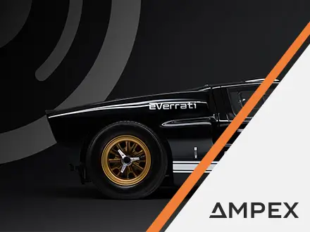 A black Everrati electric sports car in side profile against a dark background, featuring gold wheels, white circular decals on the doors, and the text “Electrifying Icons” along the lower body.