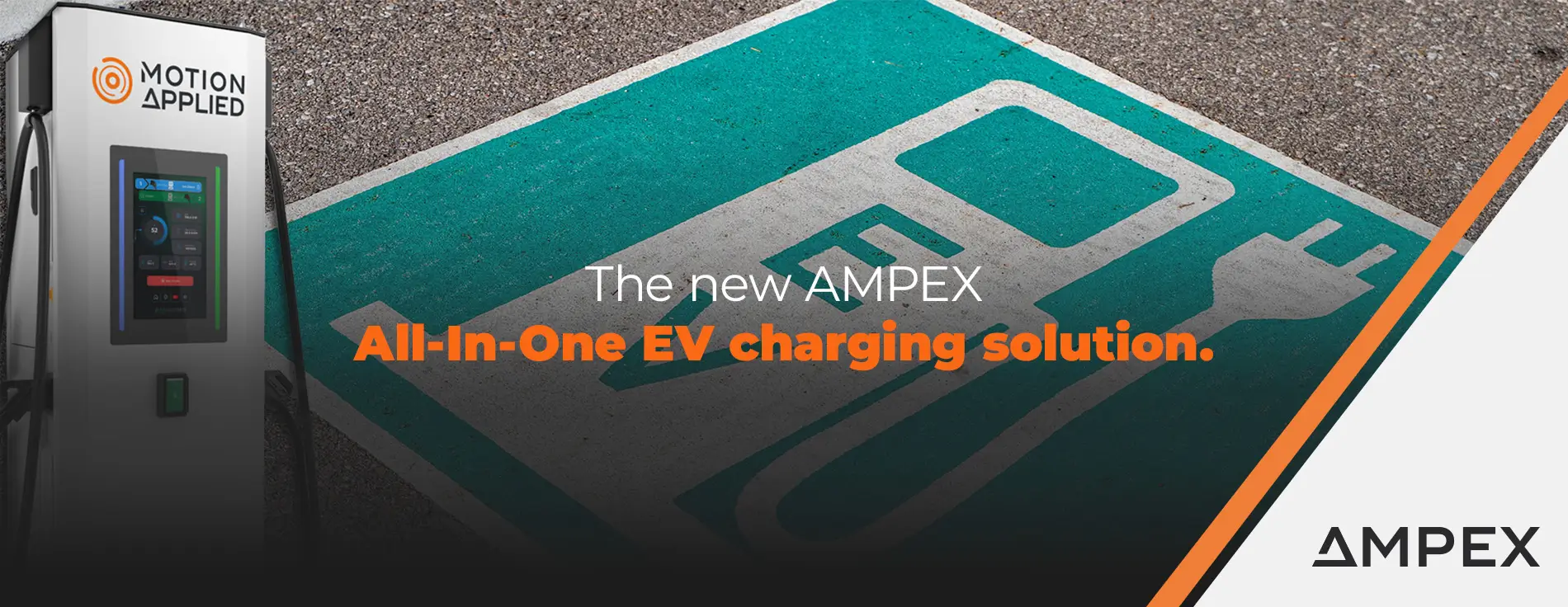 Close-up of an electric vehicle charging connector plugged into a station, with text overlay reading ‘Motion Applied launches AMPEX Ultra-Rapid EV Charging solutions to transform UK infrastructure.’ AMPEX logo appears in the bottom right corner.