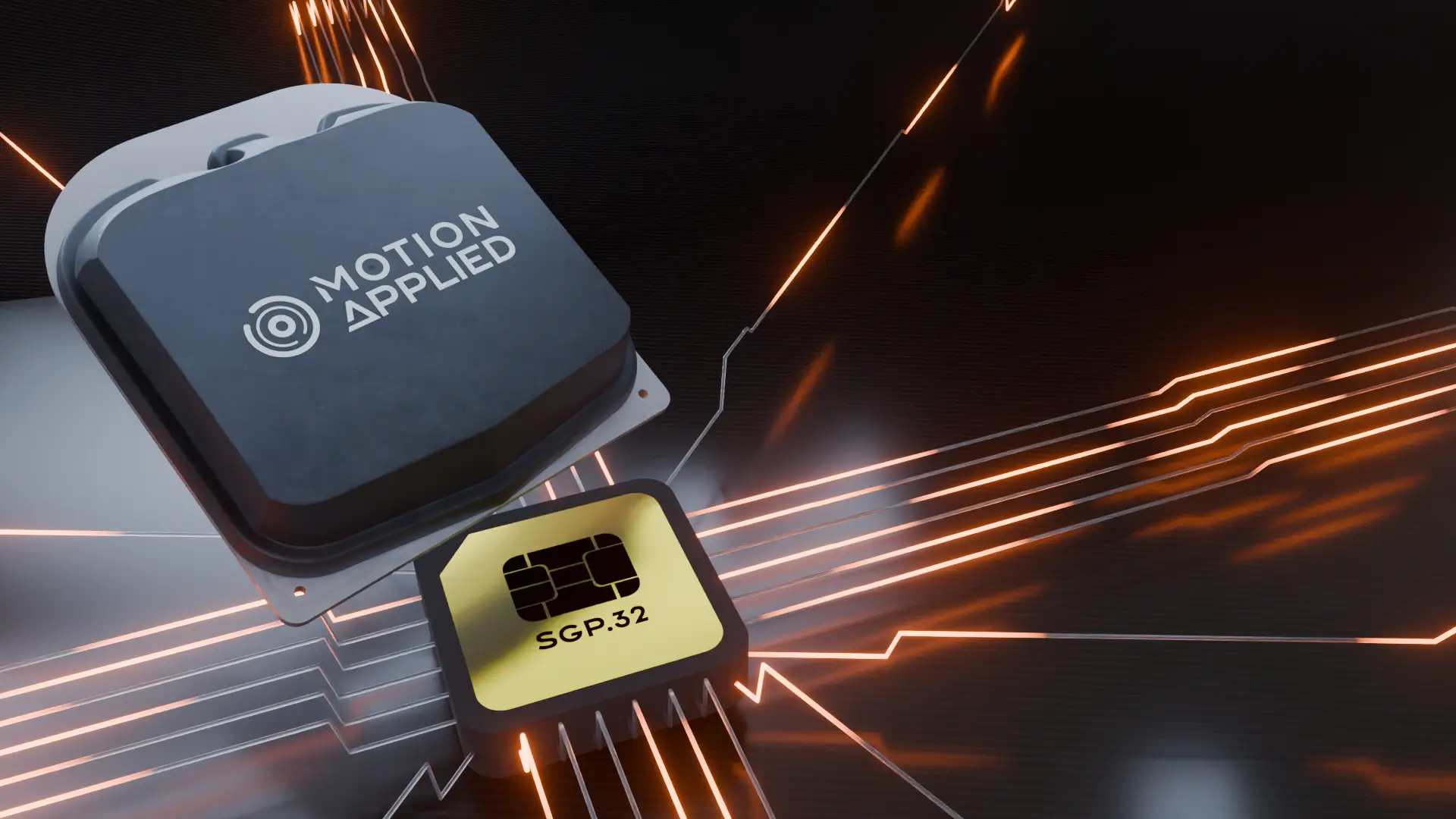 Motion Applied electronic module and SGP‑32 chip shown above a dark circuit board, with glowing orange data lines radiating across the background.