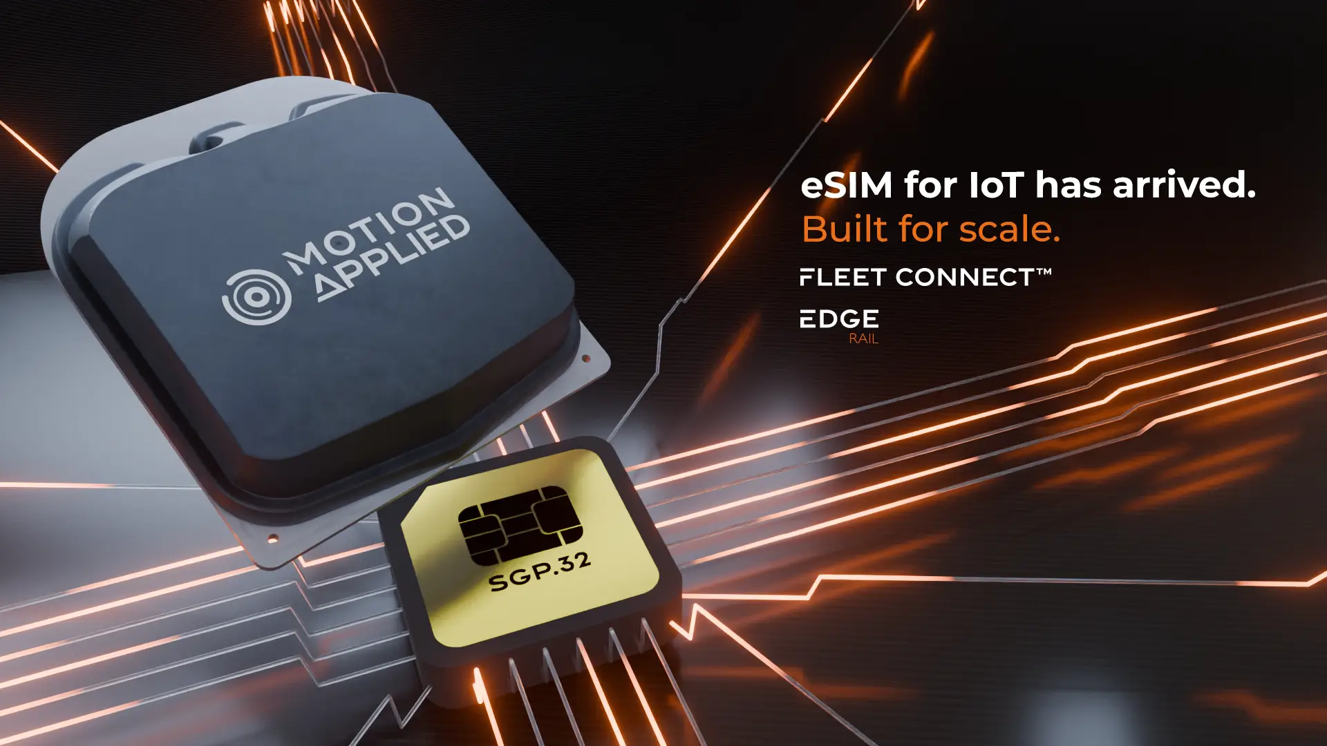 Motion Applied electronic module and SGP‑32 chip shown above a dark circuit board, with glowing orange data lines radiating across the background.
