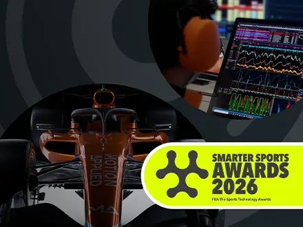 Sport awards logo with images of a Formula 1 car and laptop screen behind